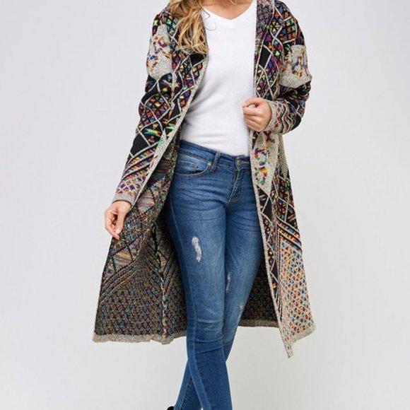 new ON BLUE SWEATER Yellowstone CARDIGAN BOHO WESTERN AZTEC rainbow DUSTER XS-S - Picture 6 of 9